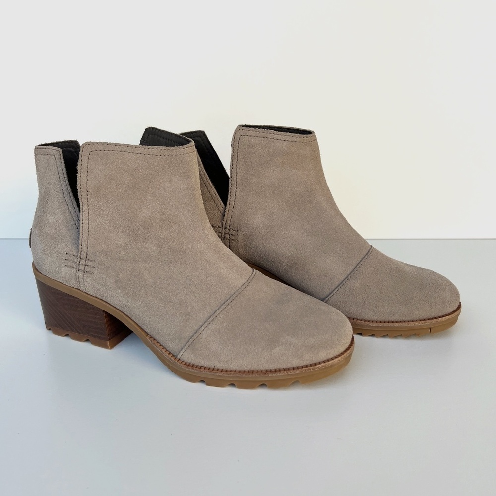 SOREL-WOMEN CATE CUTOUT TAUPE LEATHER SLIP-ON WINTER BOOTS-9.5M